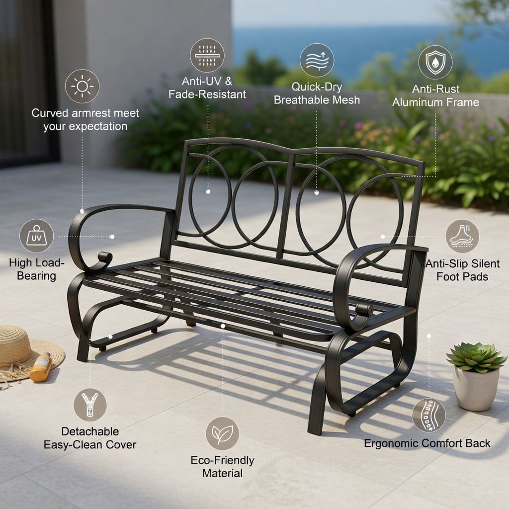 Hommoo Outdoor Rocking Bench Loveseat with Cushions, Steel Patio Bench for Deck, Backyard & Poolside, Seat & Back Cushions, Beige