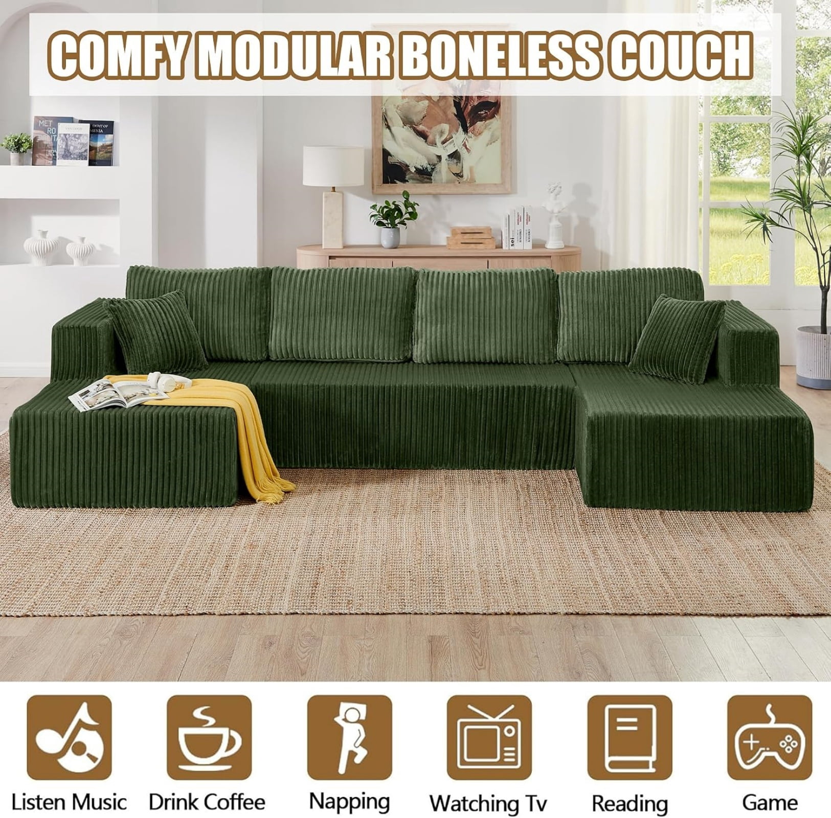 U Shape Modular Sectional Sofa with Chaise, Modern Minimalist Corduroy Couch with Sleeper Design, Comfy Space-Efficient Modular Sofa Set for Living Room, Apartment