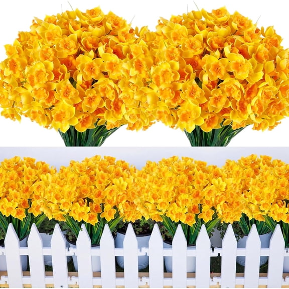 Twfbrm Artificial Flowers, Realistic Plastic Daffodils Bouquet with Green Leaves and Stems, UV Resistant Real Looking Faux Plants Narcissus Flowers Spring Decorations for Wedding Bridal Outdoor