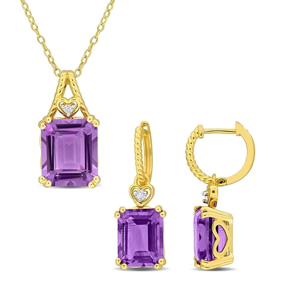 Everly Women's Amethyst and White Topaz Yellow Silver Heart Earrings and Pendant Set - 18 in