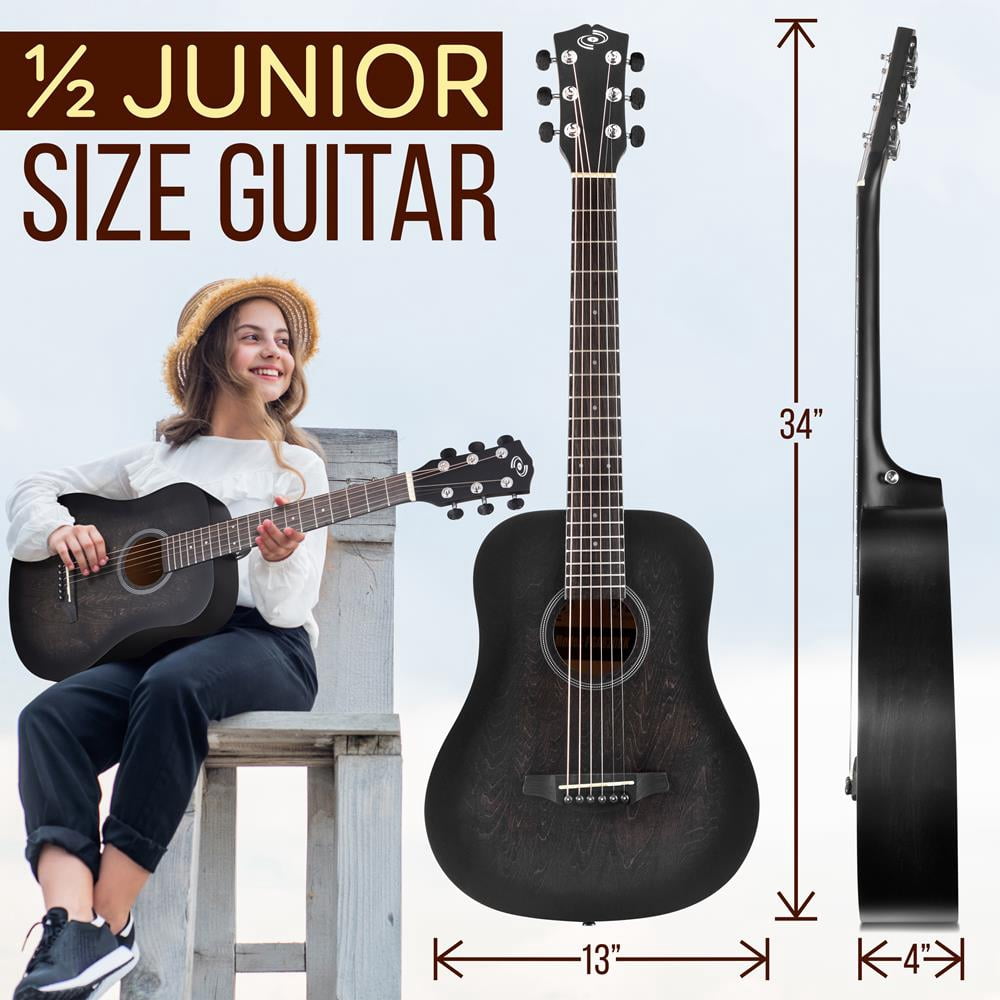 Pyle Acoustic Guitar Kit 1/2 Junior Size Steel String Instrument for Kids & Adults, 34” Black