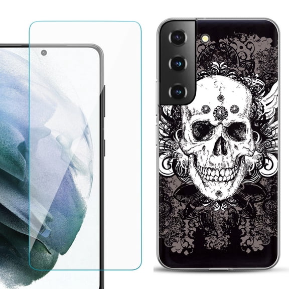 Slim-Fit TPU Fashion Phone Case for Samsung Galaxy S22 5G, with Tempered Glass Screen Protector, by OneToughShield ® - Grunge Skull