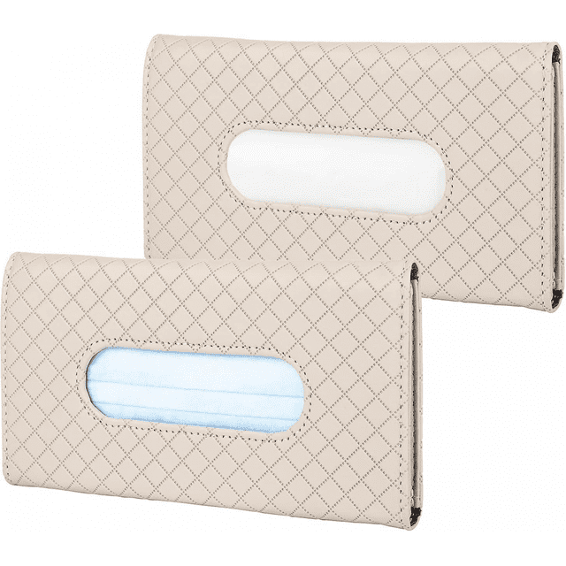 Car Tissue Box (2 Pieces), Car Tissue Holder Sun Visor, Pu Leather Car Mask Dispenser (23x13cm) - Beige