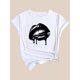 thumbnail image 3 of Camiseta elegante con estampado de labios negros para mujer: camiseta informal de manga corta con cuello redondo, 100 % algodón, lavable a máquina, ideal para primavera, verano y otoño. Ideal para dep, 3 of 7