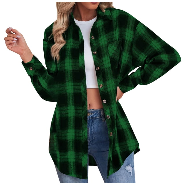 Chemises à Carreaux pour Femmes Manches Longues Col Rabattu Chemises à Boutons Hauts Blouse Ample Décontractée Vêtements d'Automne