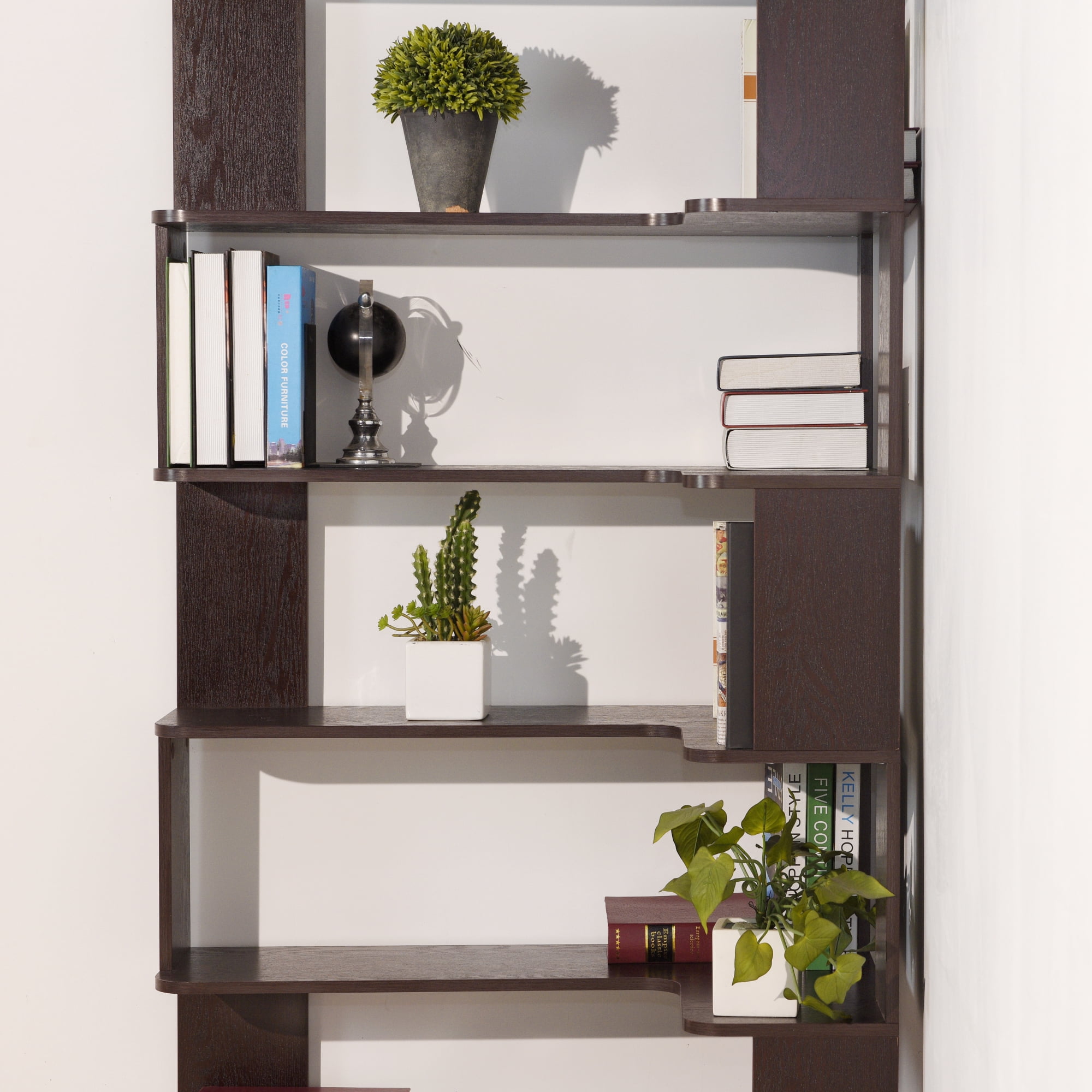 Leumius 5 Tier Freestanding Bookshelf,Wooden L-Shaped Corner Bookcase with Anti-drop Panel and Anti Tipping Device, Display shelf Open Storage,Ox Blood Red