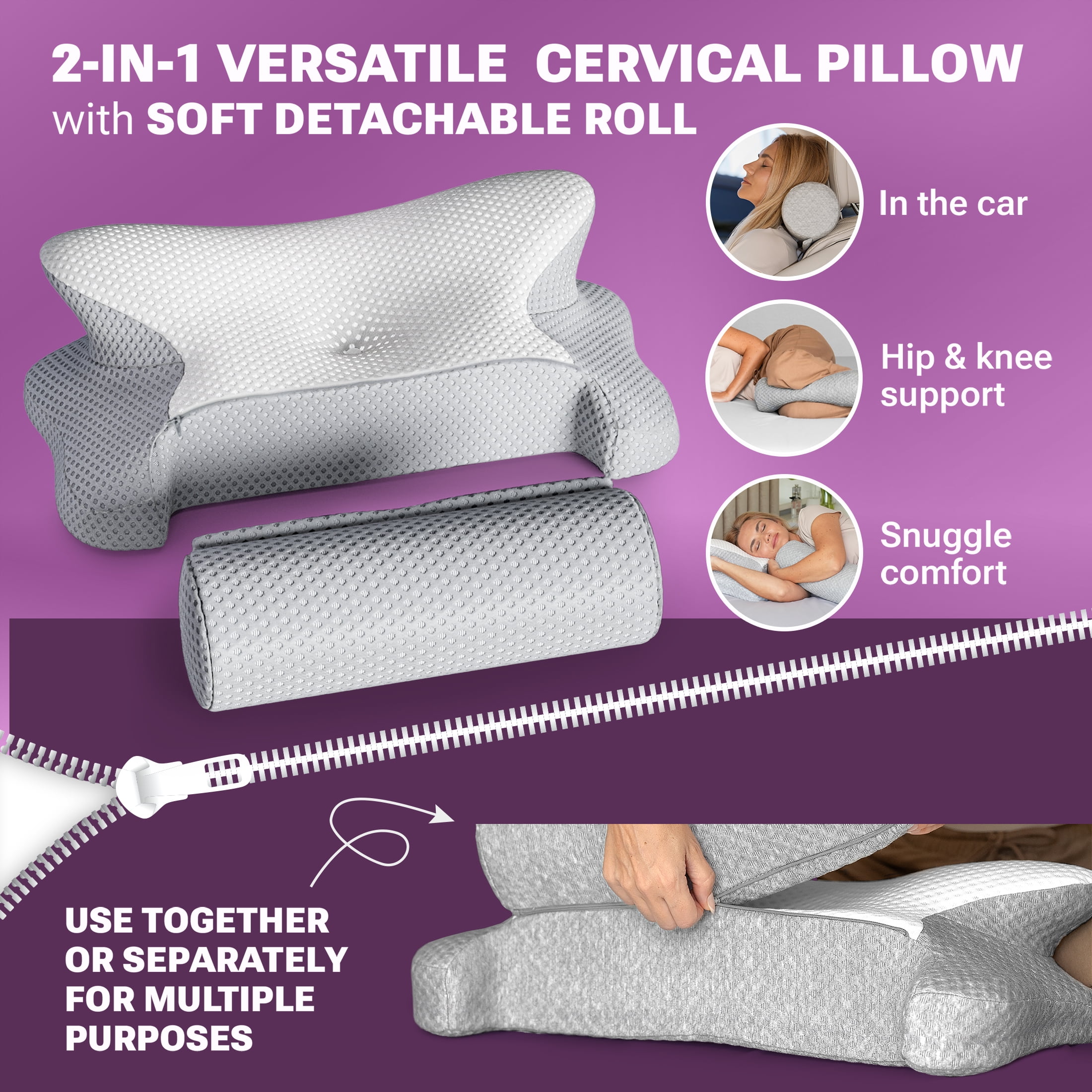 ThetaDream 3-in-1 Orthopedic Pillow, Cervical Neck Pillow for Sleeping, Adjustable Height Memory Foam Neck Pillow and Detachable Roll, Contour Pillow for Neck Pain Relief for All Sleeping Positions