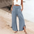 thumbnail image 6 of HKYNLAG Linen Pants for Women 2026 Flowy Smocked Waist Trousers Wide Leg Summer Ruffle Hem Pants Boho Beach Palazzo Pants with Pockets Light Blue M, 6 of 7