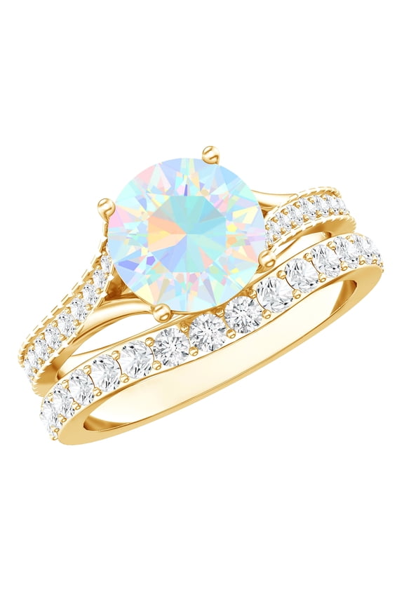 Solitaire Ethiopian Opal Ring Set with Moissanite for Women (AAA Grade), 18K Yellow Gold, US 6.50