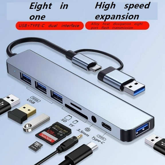 Eight-in-One USB 3.0 Type-C Docking Station with SD/TF Card Reader - Dual-Head Hub for Notebooks