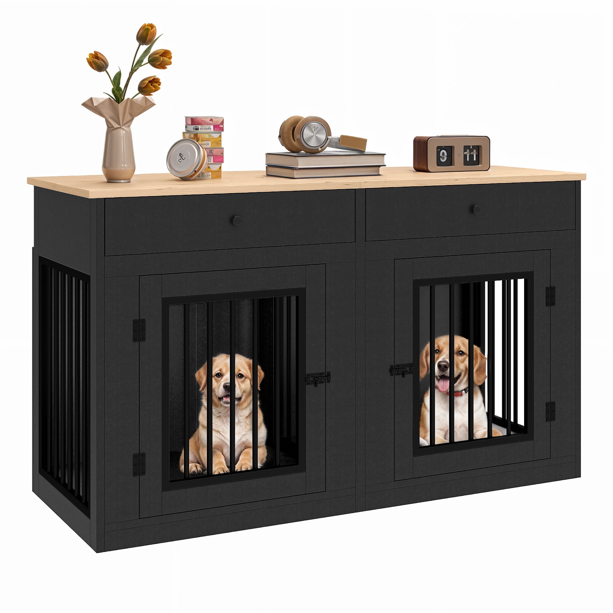 Dextrus 60" Large Double Door Dog Crate Furniture with Locks, Indoor Dog Cage Table with Removable Divider & 2 Storage Drawers, Black
