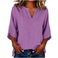 thumbnail image 2 of Neewe Women's Casual Cotton Linen 3/4 Length Sleeve Tops Plain V Neck Shirt Dressy Basic Tshirts 2026 Fashion Clothing S-2XL, 2 of 8