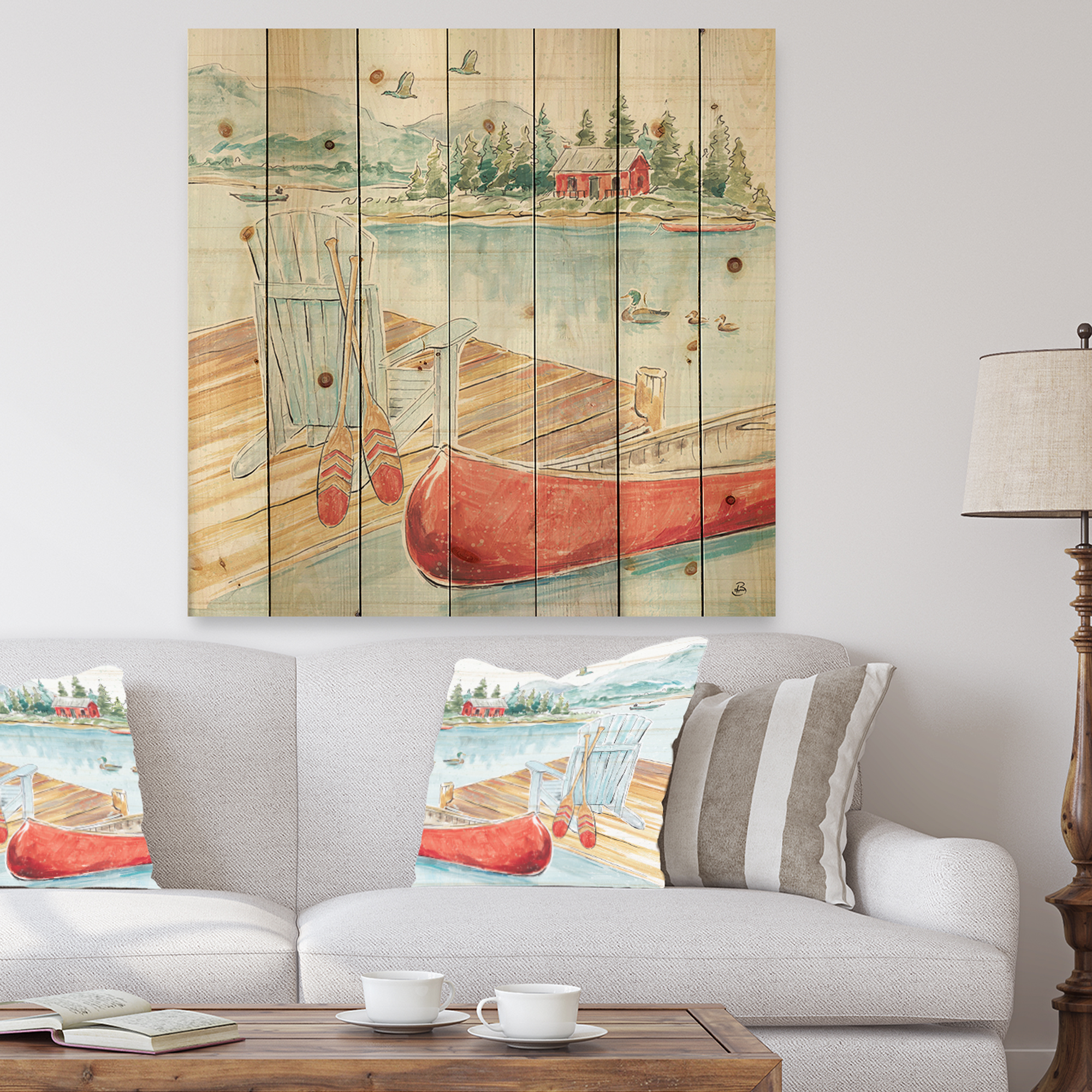 Designart 'Lake House Canoes III' Lake House Print on Natural Pine Wood