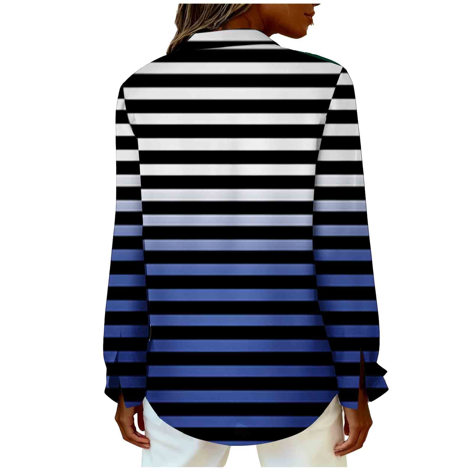 ylioge Shirts for Women Plus Size S-5X Long Sleeve Button-Down Collared Blouses Womens Trendy Stripe Printed Breathable Hawaiian Beach Tops