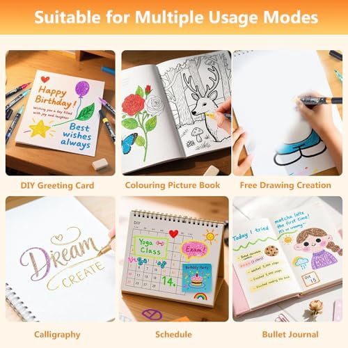 Glitter Effect Brush Markers, Dual-Tip Metallic Shimmer Pen Set, No-Bleed Art Supplies for Adult Coloring Books, Scrapbooking & DIY Crafts