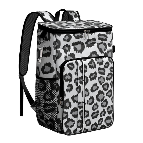 Travel Cooler Bag - White and Gray Of Leopard Print Camping Beer Cooler Backpack with Bottle Opener- Waterproof Insulated Picnic Backpacks - Cooler Bag for Beach