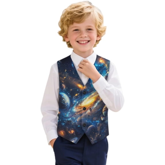 Uourmeti Cosmic Nebula Theme Polyester Formal Suit Vest Skin-Friendly Soft Boys V-Neck Button Vest for Teen