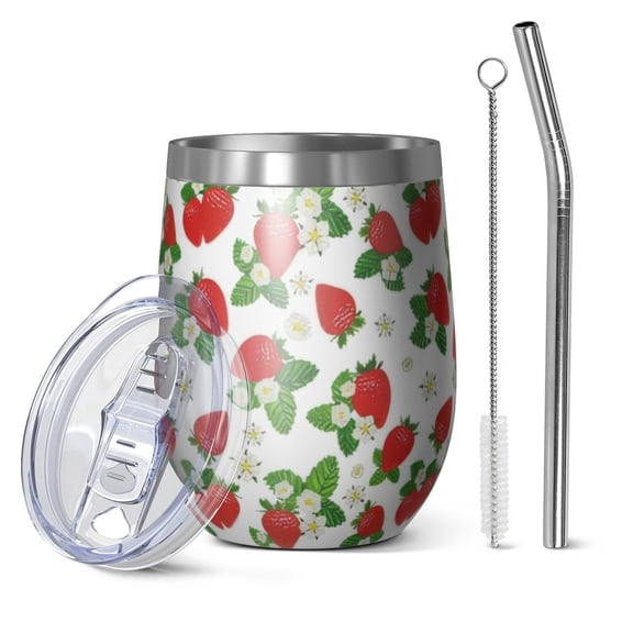12oz Stemless Wine Tumblers White Strawberry Plants Fruit Vacuum Insulated Stainless Steel Travel Tumbler Cups Mug with Lid and Straw for Champaign,Cocktail,Beer with Cleaning Brush