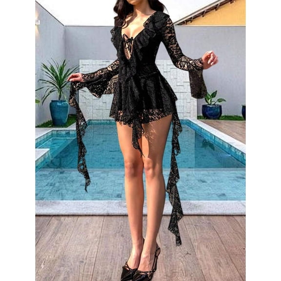 Womens Black Lace Mini Dress Long Sleeve Deep V Neck Tie-Up Front Ruffle