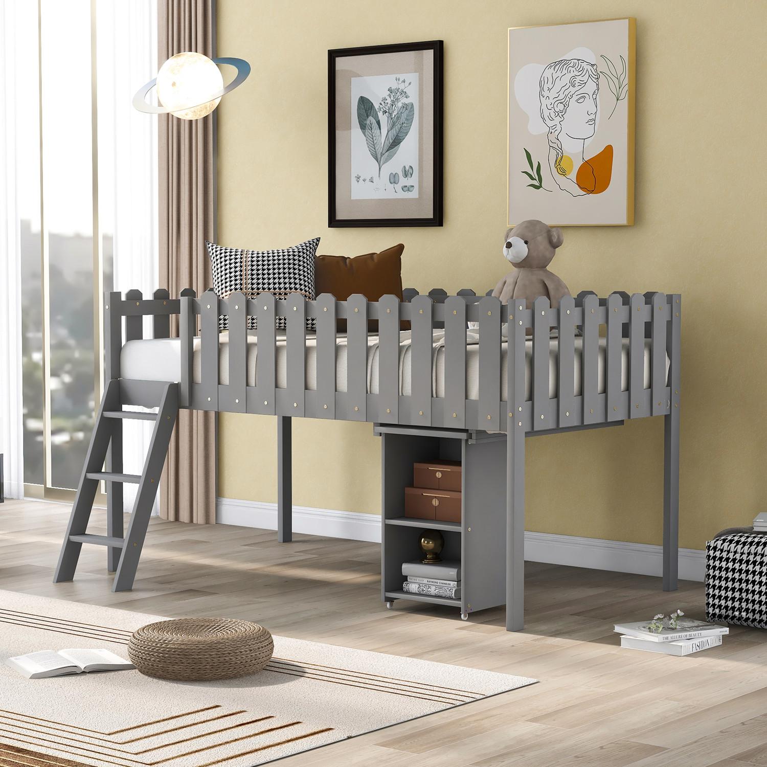 Twin Loft Bed with Desk and Storage ,Low Loft Bed for Kids and