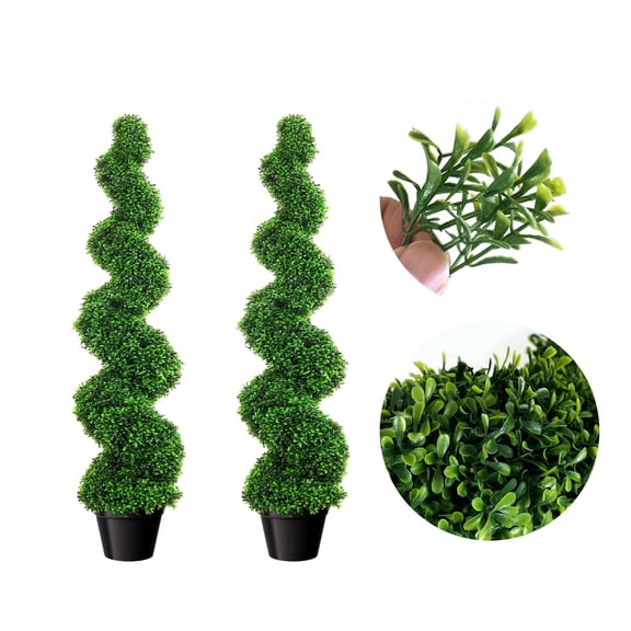 Set of 2 3ft Artificial Spiral Boxwood Topiary Trees, Potted Faux Evergreen Plants, UV Resistant Fake Greenery for Indoor Outdoor Home, Garden, Porch, Office Decor
