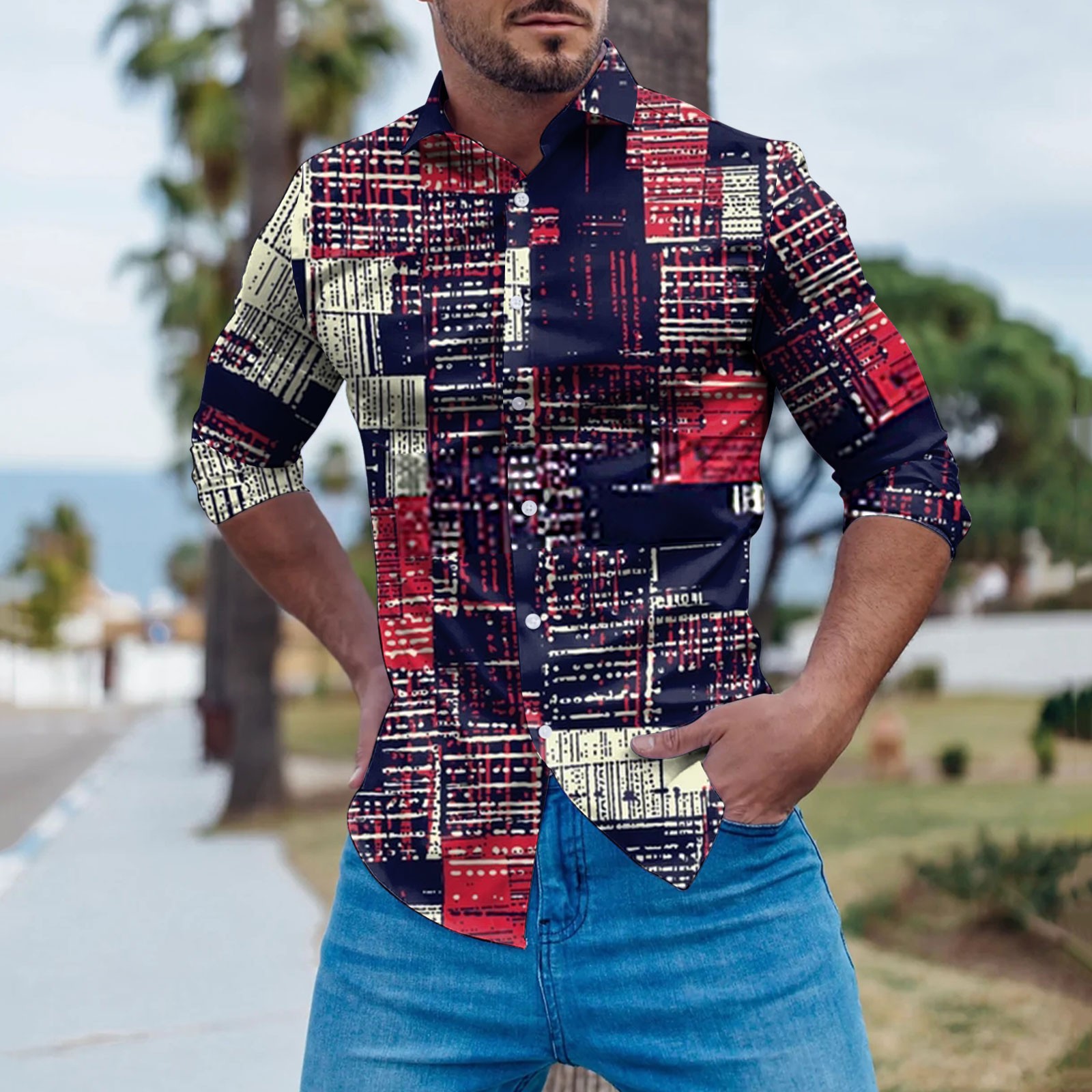 Mens Shirts Mens Fashion Casual Striped Color Block Splicing Lapel Button  Long Sleeve Shirt flannel shirt for men