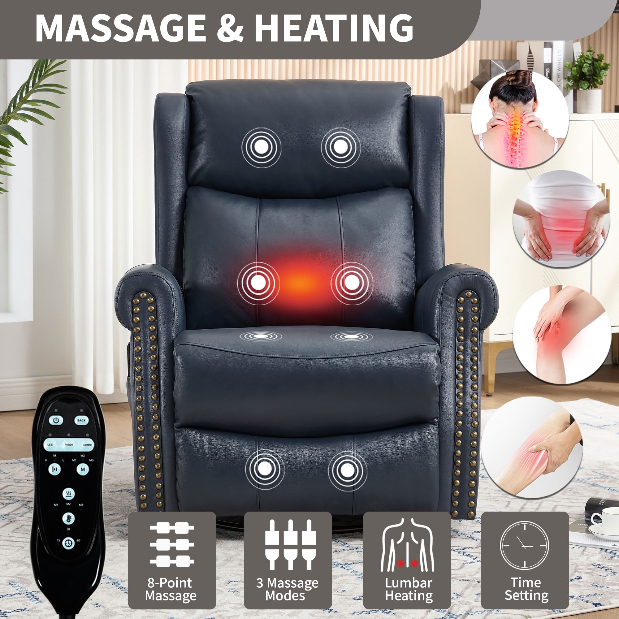 MAYEERTY 360 Degree Swivel Rocker Recliner Chair, Genuine Leather Manual Recline Glider Armchair with 8-Point Vibration Massage & Lumbar Heat, for Living Room Home Theater
