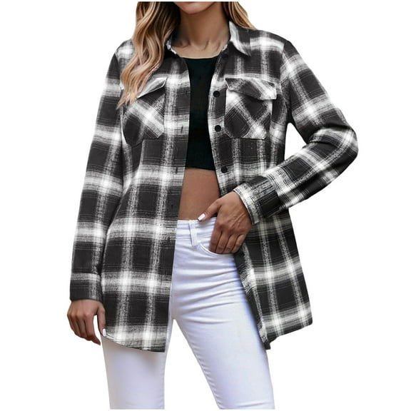 Women Button Down Shirt Long Sleeve Casual Fashion Plaid Shacket Dressy Lightweight Fall Shirts with Pockets Black XL