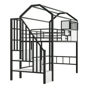 Euroco Twin Loft Bed with Cabinet, Solid Metal House Bed for Kids Teens, Black
