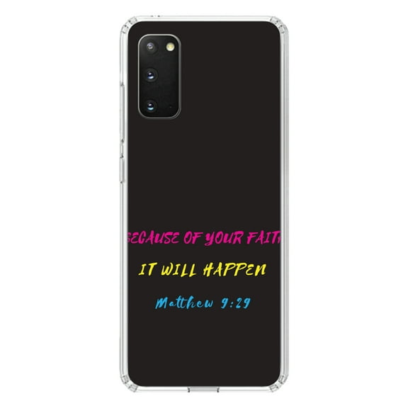 DistinctInk Clear Shockproof Hybrid Case for Galaxy S20 ULTRA / 5G (6.9" Screen) - TPU Bumper, Acrylic Back, Tempered Glass Screen Protector - Matthew 9:29 - Because of Your Faith, It Will Happen