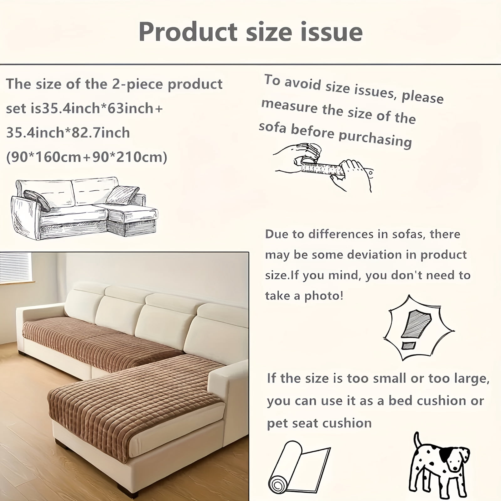 2PCS Quilted Flannel Velvet Sofa Cover, 35"x63"+35"x82" Size, Non Slip Fuzzy Pet Couch Covers for 3 / 4 Cushion Sofa Slipcovers Cushion Protector - White
