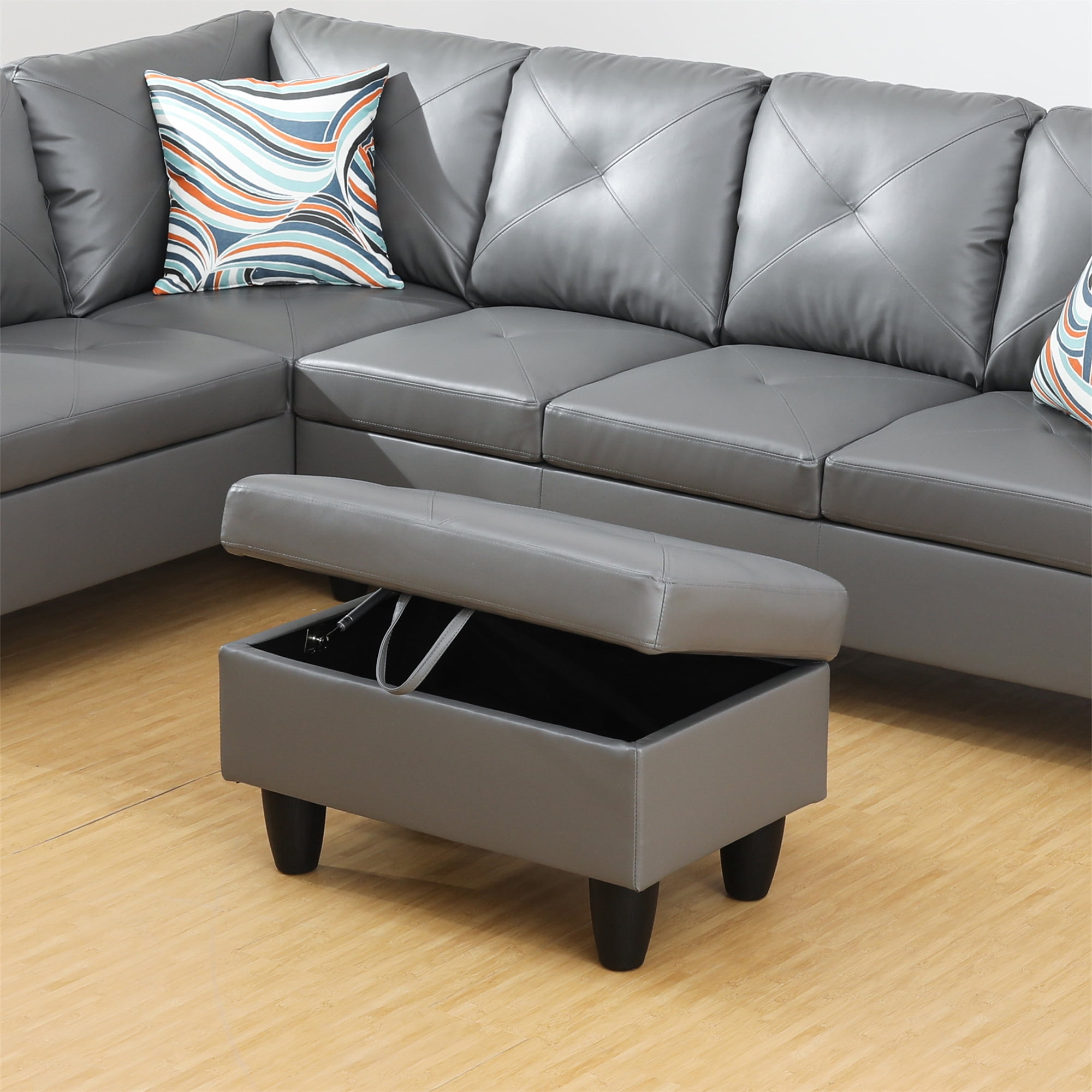 Aukfa 29" Storage Ottoman Bench for Sectional Sofa for Home Office, Lift Top , Leather, Gray