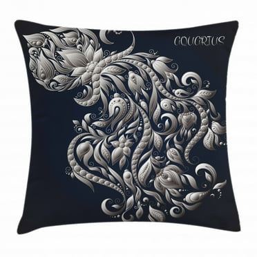Zodiac Decor Throw Pillow Cushion Cover, Swirling Victorian Royal Symbol Flowers for Aquarius Icon Retro Art Image, Decorative Square Accent Pillow Case, 16 X 16 Inches, Blue Silver, by Ambesonne
