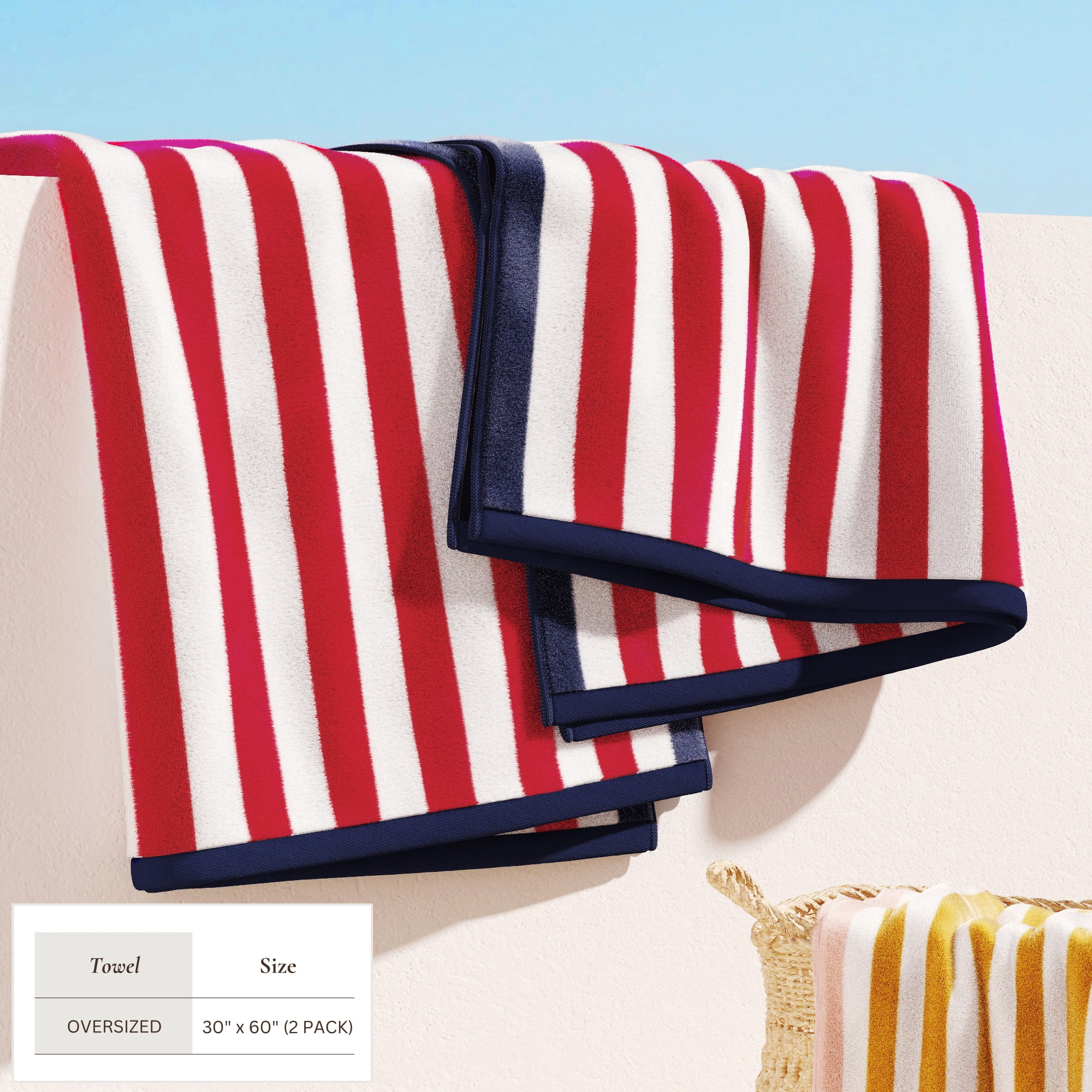 100% Cotton Velour Stripe Border Oversized Beach & Pool Towels - 35" x 70"