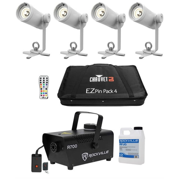 Chauvet DJ Ezpin Pack 4 EZpin Pin Spot Light Fixtures IRC-6 Remote Case Fogger