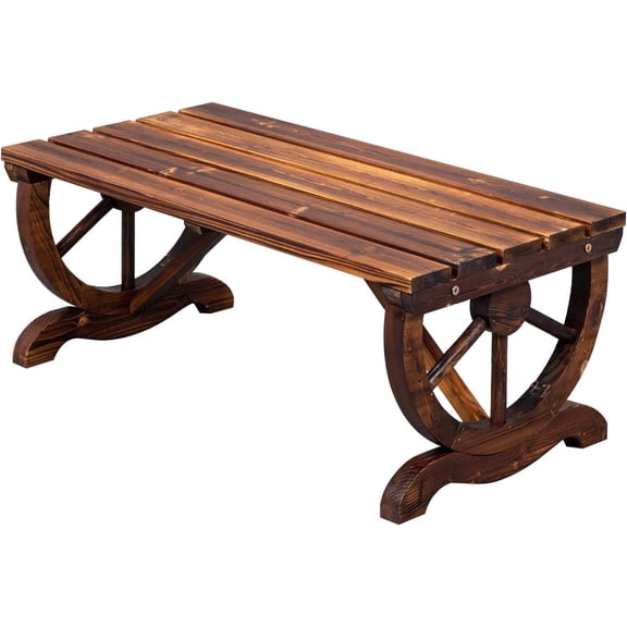 Wooden Outdoor Wagon Wheel Bench with Carbonized Finish, Fir Construction, Seats 2, Brown