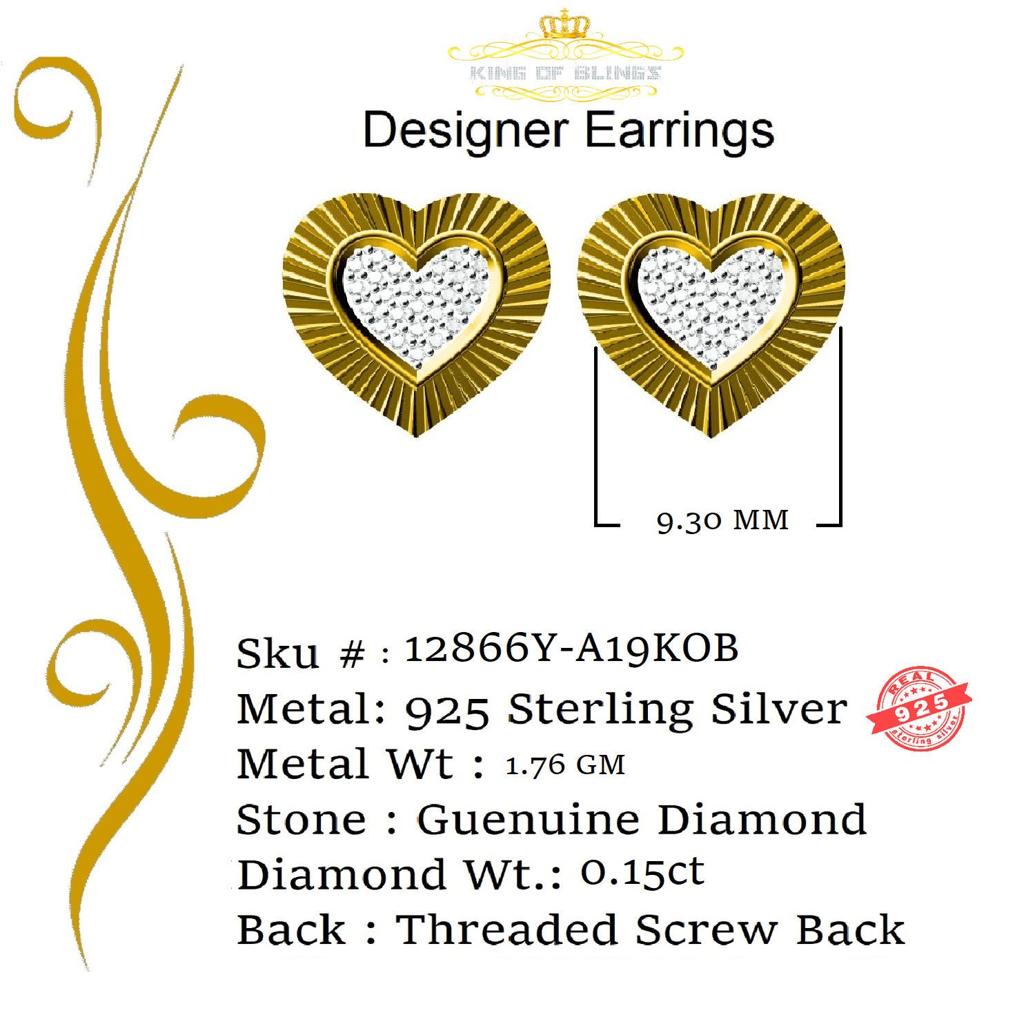 King of Bling's Aretes Para Hombre Heart 925 Yellow Silver 0.15ct Diamond Women's Stud Earring