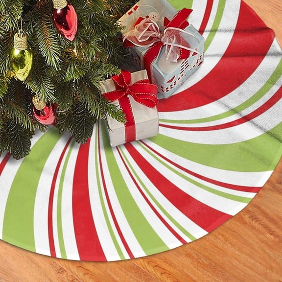 48 Inch Christmas Tree Skirt – Peppermint Candy Stripe Tree Mat, Large Red White Green Holiday Decoration, Rustic Farmhouse Xmas Tree Skirt for Christmas Ornaments, Gifts & Party Decor
