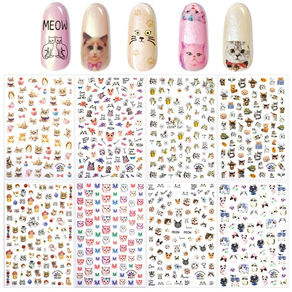 PHOGARY 8 hojas de pegatinas de uñas de gato para decoración de uñas, pegatinas de manicura de uñas postizas, regalo para niñas y mujeres