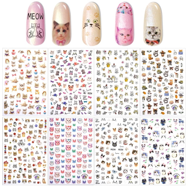 PHOGARY 8 hojas de pegatinas de uñas de gato para decoración de uñas, pegatinas de manicura de uñas postizas, regalo para niñas y mujeres