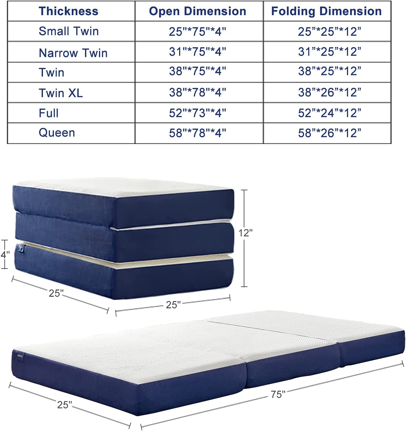 bzfwmNarrow Twin Size Folding Mattress Trifold Memory Foam Mattress