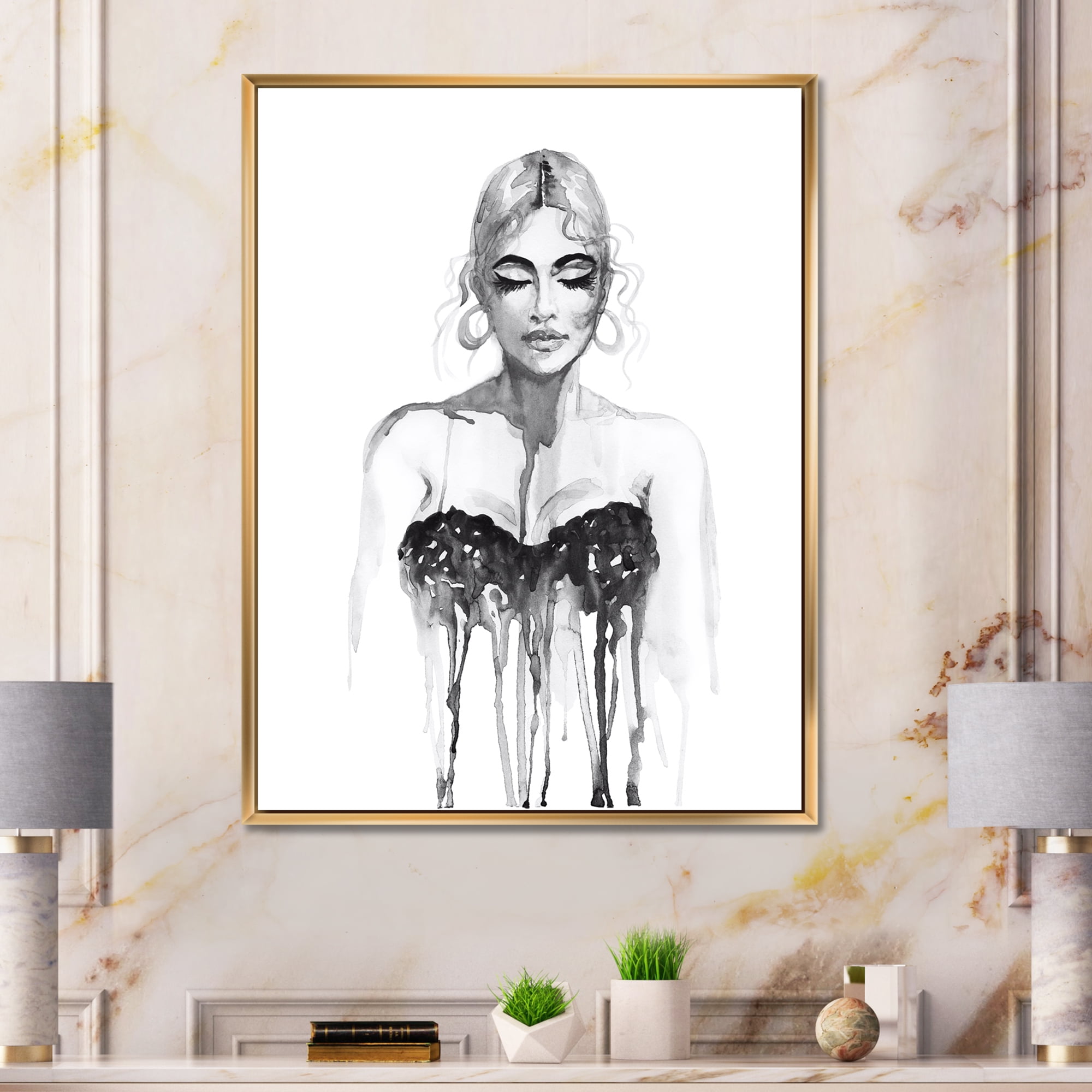 Designart 'Black and White Portrait of Woman Wearing Evening Dress' Modern Framed Canvas Wall Art Print