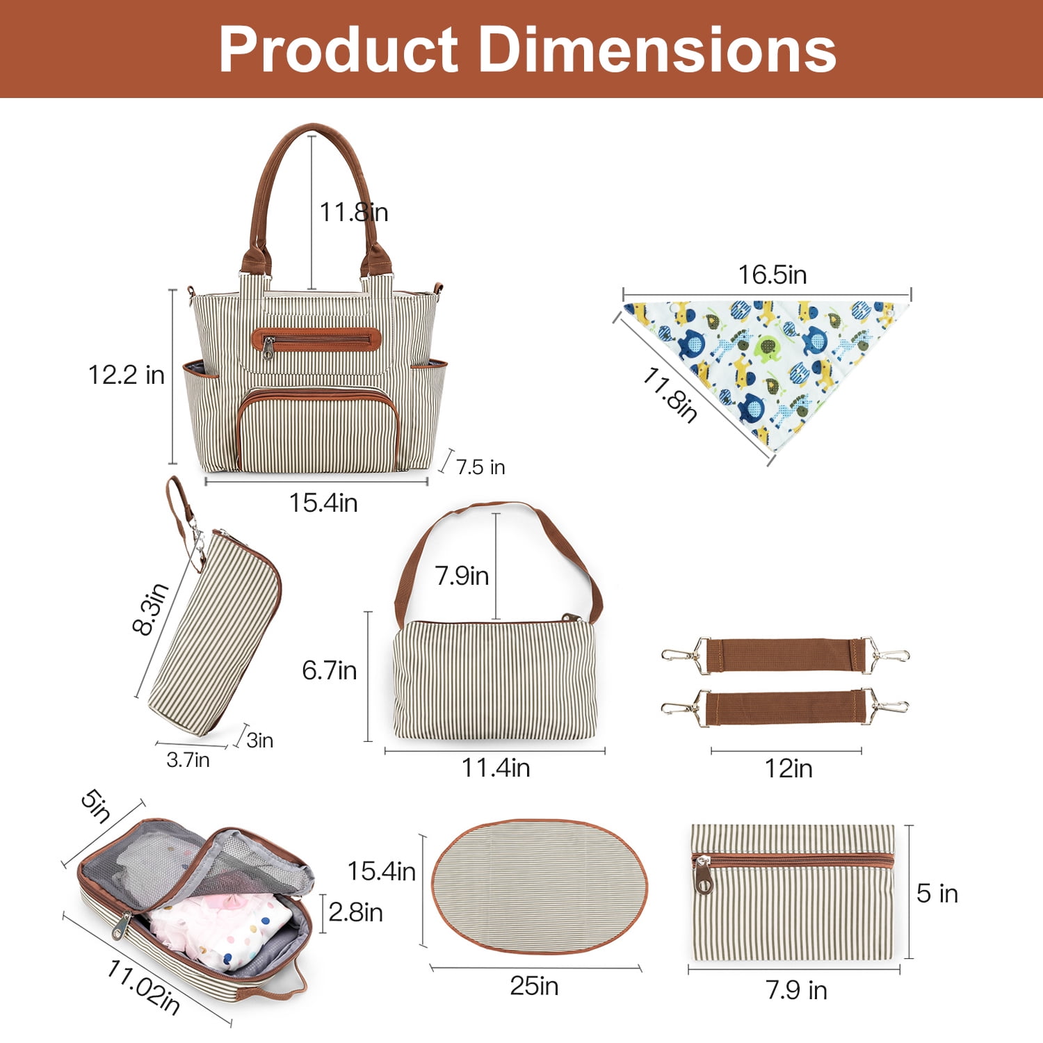 iMounTEK 8PCS Diaper Bag Tote Set, Baby Bags for Mom, Black Stripe