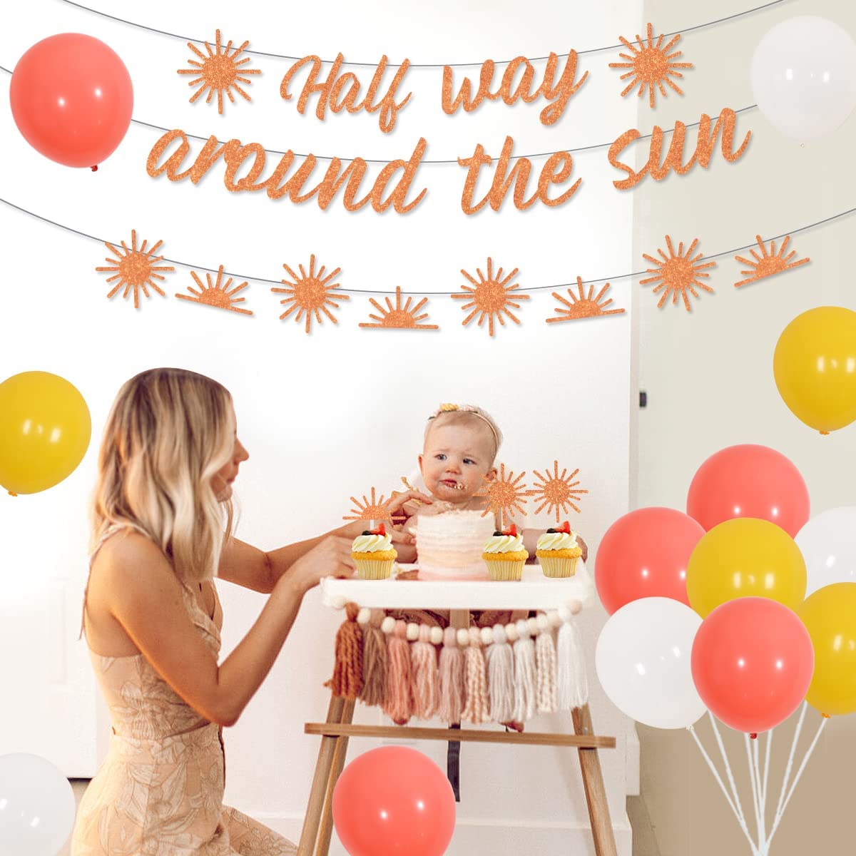 Halfway Around The Sun Balloon Banner - 6 Month Birthday Decorations, Orange Foil Letters