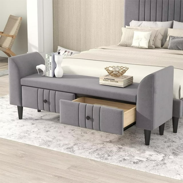 Storage Ottoman Footrest with 2 Drawers, Upholstered Wooden Ottoman Bench for Bedroom, Fully Assembled Except Legs and Handles, Gray