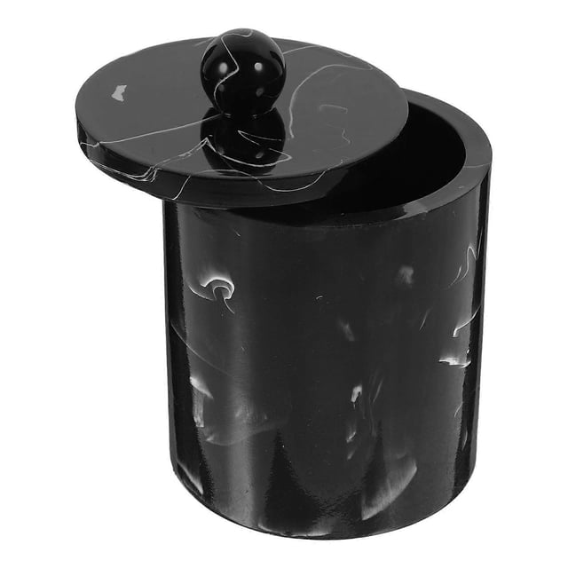 European Style Resin Cotton Swabs Storage Box Dustproof Toothpick Canister Simple Marble Texture Organizer with Lid for Cosmetic Home (Ink Black)