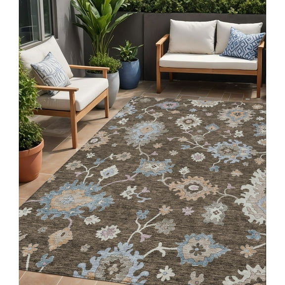HomeRoots 606147 5 x 8 ft. Chocolate, Beige & Blue Floral Washable Indoor & Outdoor Rectangle Area Rug