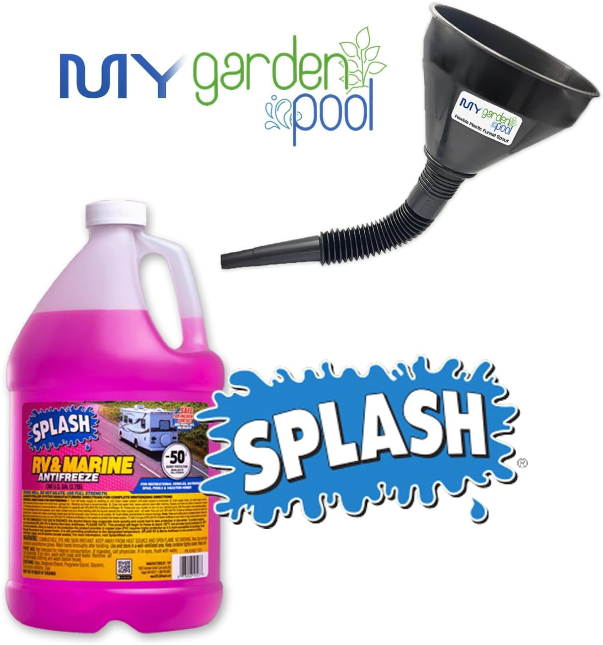 My Garden Pool Splash RV & Marine -50°F Antifreeze 1 Gallon Set Flexible Plastic Funnel Spout and Sprinkler Blowout Adapter, Shut Off Valve - for Winterizing RV, Camper, Boat, Motorhome Systems