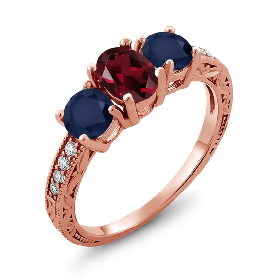 Gem Stone King 2.22 Ct Oval Red Rhodolite Garnet Blue Sapphire 18K Rose Gold Plated Silver Moissanite Ring (Size 7)