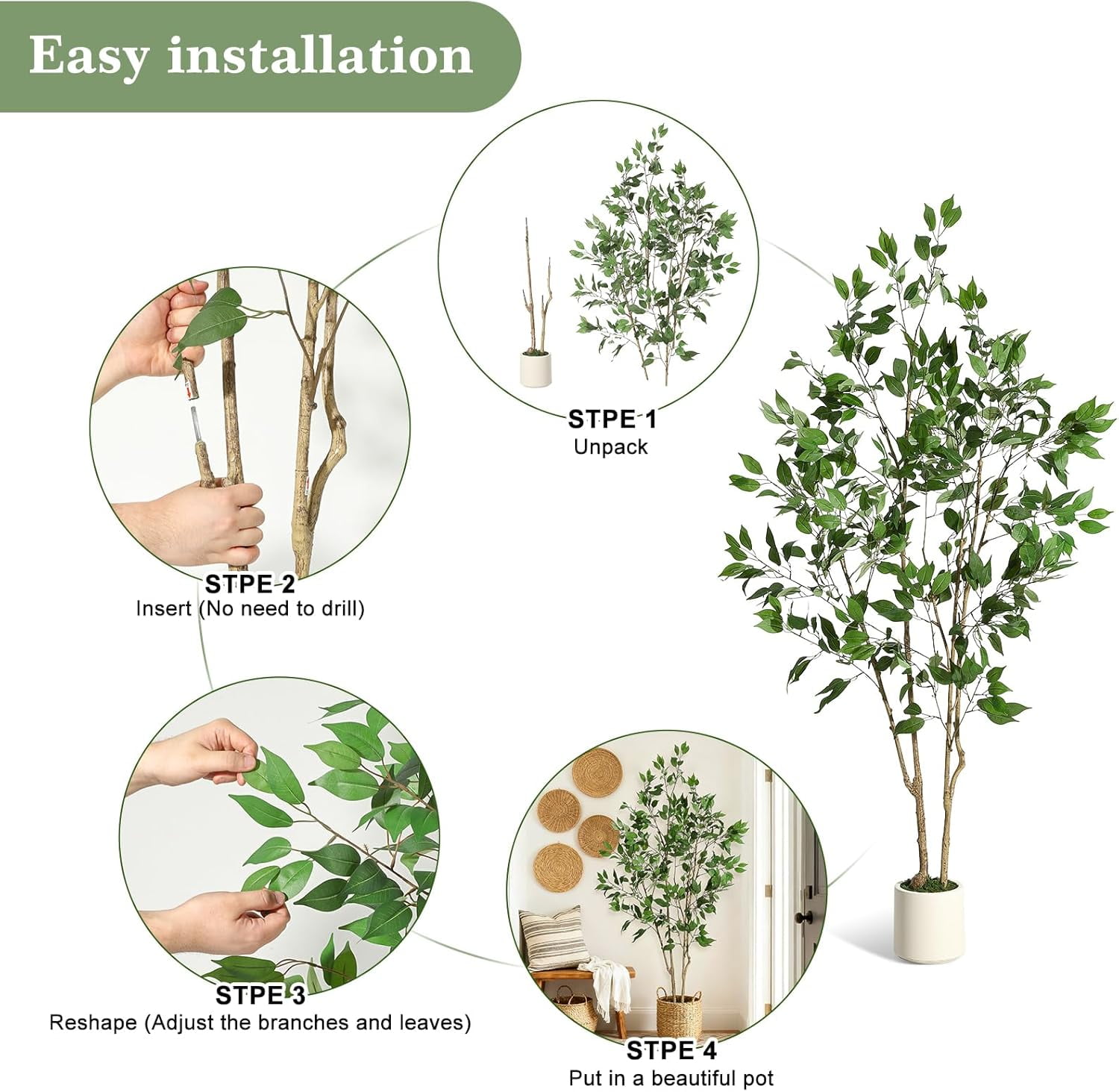 Ficus Trees Artificial Indoor, 6FT Tall Faux Ficus Tree with Black Planter & Green Fake Moss, Artificial Plants with Natural Wood Trunk & Lifelike Fruits for Home Office Decor